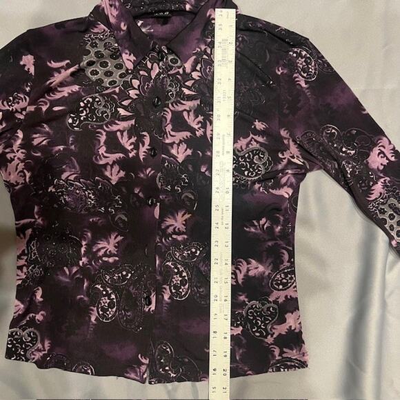Per Se Button Front Top Small Purple Black Floral Witchcore Gothcore Dark Shirt - Picture 7 of 7